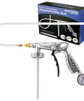 Heavy Duty Pneumatic Undercoating Spray Gun With Precision Regulator And 22 Inch Flexible Extension Wand features a clear flex hose and gauge.