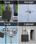 Smart Fingerprint Padlock With Waterproof Design, Key Backup, And Mobile App Control securing various gates, garage, truck, and cabinet.