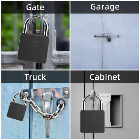 Smart Fingerprint Padlock With Waterproof Design, Key Backup, And Mobile App Control securing various gates, garage, truck, and cabinet.