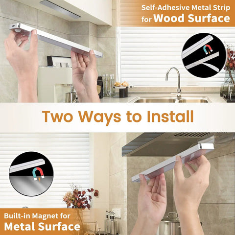 Two installation options for 96 LED Motion Sensor Under Cabinet Lights 2 Pack Rechargeable Magnetic Indoor Kitchen Closet Lighting For Dark Corners Easy Install Long Battery Life Powerful Brightening For Cabinets And Hallways.