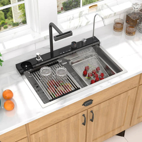 Slick Smart Waterfall 30 Inch Drop In Kitchen Sink With Single Bowl, 16 Gauge 304 Stainless Steel Workstation