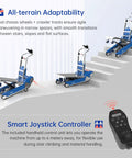 Heavy Duty Electric Stair Climbing Dolly Robot With Smart AI Navigation And LiDAR For Auto Balancing All Terrain Material Handling Plus 925lbs Load Capacity navigating stairs with joystick controller.