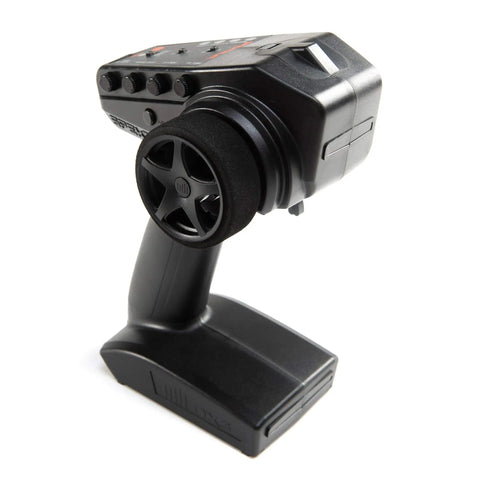 DX3 Smart Three Channel Transmitter With SR315 Receiver for RC cars and trucks, side view with foam covered wheel