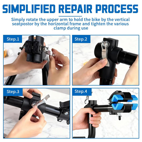 Wall Mounted Bike Repair Stand For Road And Mountain Bikes Space Saving Work Stand With 360 Degree Swivel Clamp setup illustrations
