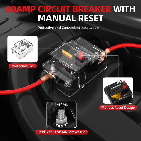 60 Amp Manual Reset Waterproof Circuit Breaker for 12V-48V Systems showing protective lid and reset design