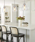 Glass Pendant Lights Set Of 2 Brushed Nickel Modern Pendant Lighting For Kitchen Island Dining Room Over The Sink With Farmhouse Flair Easy Install Durable Glass Shades And Bright Ambient Vibe, shown above a white kitchen island with barstools