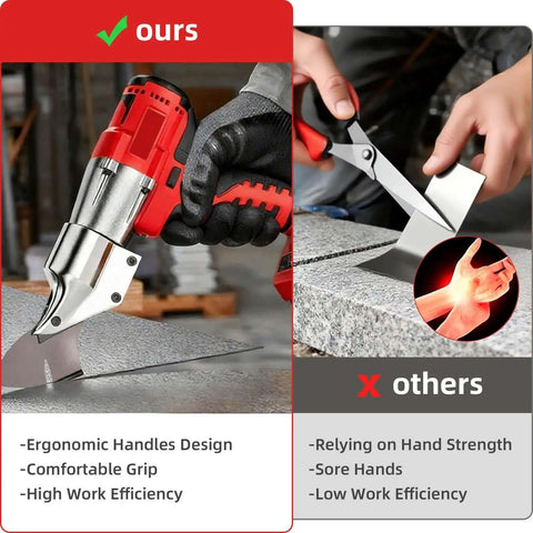 Comparison of cordless metal cutter with rotating head and manual shears, highlighting ergonomic design, heavy duty torque, and comfort grip.