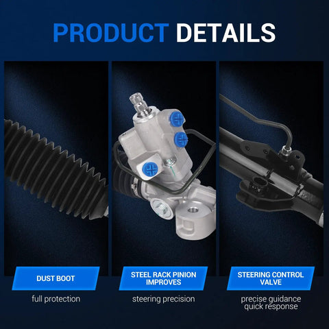 Close-up of Drop-In Hydraulic Power Steering Rack And Pinion For Nissan Maxima 2009-2014 showing dust boot and control valve.