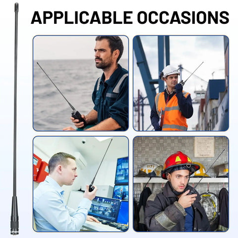 SMA-Female Walkie Talkie Antenna High Gain 2.5dBi VHF UHF Long Range 18.9 Inch Antenna for Two Way Radios with 50 Ohm Impedance and Low SWR under 1.5 in various use scenarios including construction and emergency services.
