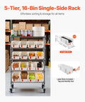 5 Tier Rolling Bin Storage Rack With 16 Organizer Bins, Heavy Duty Wire Shelving On Casters in a warehouse setting