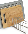 Heavy Duty Metal Kitchen Organizer Featuring An Eight Slot Cutting Board Holder Stand For Countertop Or Cabinet Setup That Hits Different When You Need To Knock Out Clutter And Keep Counters Slick In Satin Nickel with cutting boards and bakeware.