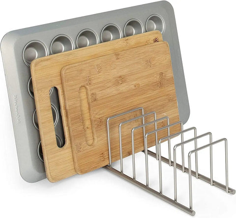 Heavy Duty Metal Kitchen Organizer Featuring An Eight Slot Cutting Board Holder Stand For Countertop Or Cabinet Setup That Hits Different When You Need To Knock Out Clutter And Keep Counters Slick In Satin Nickel with cutting boards and bakeware.
