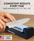 Complete Whetstone Knife Sharpening System With 1000 6000 Grit Wet Stone Sharpener Kit Built In Angle Guides 15 17 20 22 Degrees No Guesswork Beginner Friendly Pro Grade Edge For Sharp Knives, showing knife sharpening.