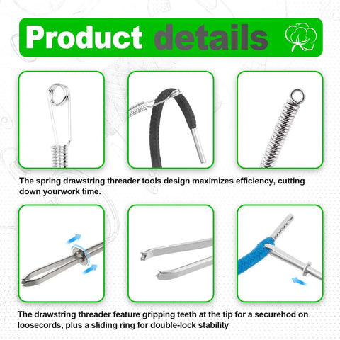 Close-up of threader tools design for 12 Replacement Drawstrings for Pants, Jackets and Hoodies in White and Black Plus 3 Threaders