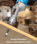 No Hassle Square Hole Drill Bit Adapter And Mortising Bracket For Drill Press showing close-up of bit cutting a square hole in wood.