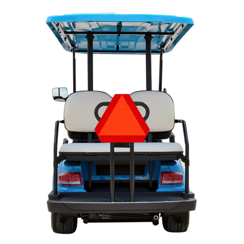 Golf cart with Slow Moving Vehicle Sign Durable Rust Free Aluminum Triangle With Reflective Border Orange Base 14 By 16 Inches