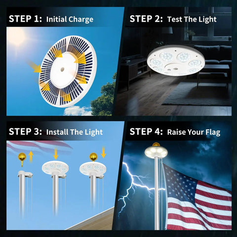 Solar Flag Pole Light With 136 LEDs Dusk To Dawn Auto On Off Sensor Two Brightness Settings Weatherproof Outdoor Lighting For 15 To 25 Feet Flagpoles 10 Hour Run Time No Standalone Battery Needed installation steps