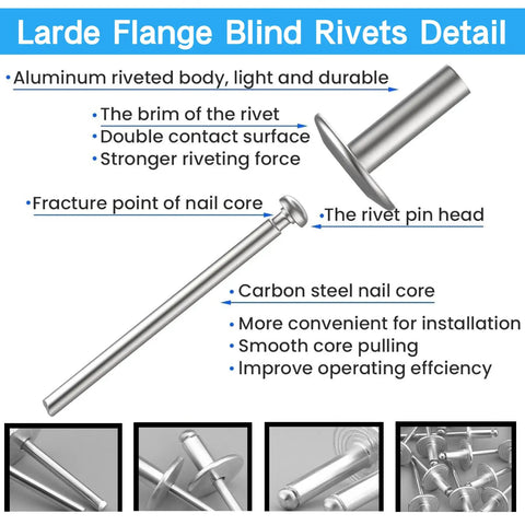 Killer Hold Large Flange Aluminum Pop Rivets 3 16 X 5 8 Inch Diameter with aluminum body and steel core details.