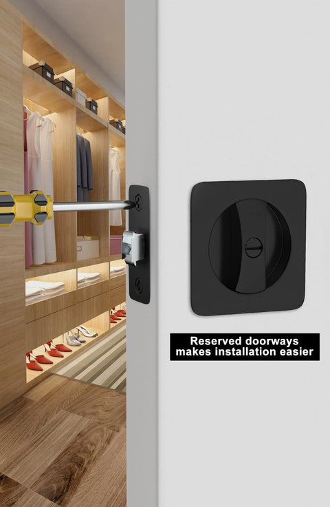 Black pocket door lock for sliding doors with privacy latch being installed on interior door, fits 1-3/8 to 2-3/16 inches thick.