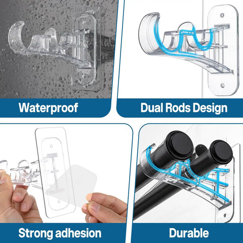 No Drill Adhesive Double Curtain Rod Brackets Set Of 4 Renter Friendly Heavy Duty Curtain Holders Clear showing waterproof, dual rods design, strong adhesion, and durability.