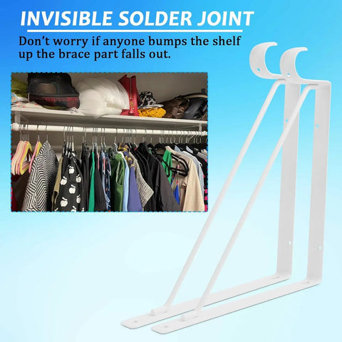 Heavy Duty Closet Shelf Rod Brackets 4 Pack 11X11 Inch White Steel Wall Mounts support clothes in organized closet.