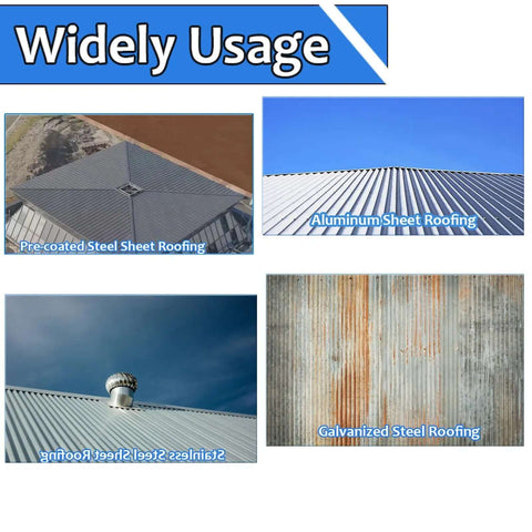Variety of roofing materials including pre-coated steel, aluminum, stainless steel, and galvanized steel shown for 2 In 1 Hand Seamer For Standing Seam Roofing, 90 Degree And 180 Degree Sheet Metal Bender Tool, Heavy Duty Metal Roofing Tool With Sturdy Steel Construction And Anti Slip Finish For Fast, Durable Seams