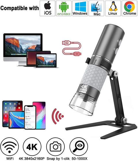 4K WiFi USB Digital Handheld Microscope With Metal Stand 50 to 1000x Magnification Portable USB Scope for Kids and Students Explore Coins Circuits Jewelry Skin Insects and More Ideal for Learning and DIY Projects. Compatible with iOS, Android, Windows, Mac