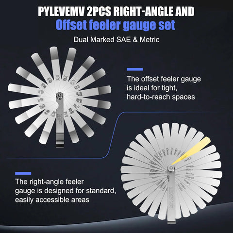Pylevemv stainless steel feeler gauge set; two circular wheels with 32 straight and 16 offset blades, SAE/metric.