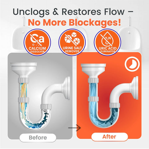 Before and after comparison of urinal pipe using Commercial Grade Urinal Drain Cleaner Descaler and Deodorizer for Restrooms