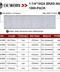Premium Quality Heavy Duty 18 Gauge Brad Nails 1-1/4 Inch Zinc Galvanized With Knockout Sharp Points For Pneumatic And Wireless Brad Nailer 1000 Count Finishing Nails showing specifications and details.