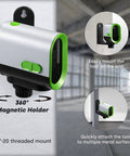 Green Laser Level With Self Leveling And Manual Mode, 360 Degree Rotating Magnetic Holder shown mounted on wall and metal surfaces
