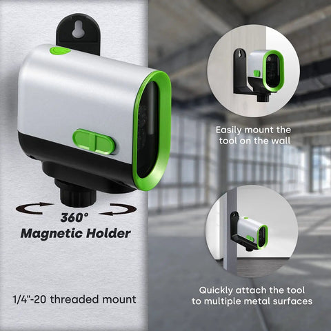 Green Laser Level With Self Leveling And Manual Mode, 360 Degree Rotating Magnetic Holder shown mounted on wall and metal surfaces