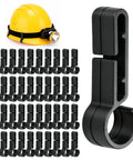 40 Pack Hard Hat Clips For Headlamps Secure Helmet Attachment For Cap Style Hard Hats showing black clips and yellow helmet with lamp