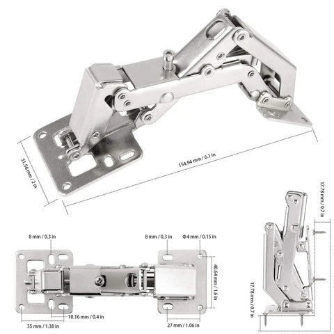 Heavy Duty 170 Degree Cabinet Hinges For Frameless Doors Concealed Hydraulic Soft Close Buffer Dampers showing dimensions and steel design.