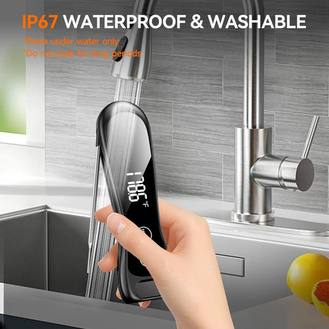Person rinsing Digital Meat Thermometer Instant Read In 1 Second For Grilling, BBQ, Frying, Candy, Turkey And More With IP67 Waterproof under tap