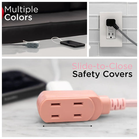 Braided Fabric 3 Outlet Extension Cord With 8 Foot Cable Flat Low Profile 2 Prong Plug Tangle Free Slide To Lock Safety Polarized ETL Listed Light Pink Decor Power Strip For Home Office, shown with close-up on pink plug and safety cover feature.