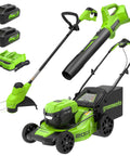 Cordless 48V Yard Power Kit No Gas Mess With A 20 Inch Brushless Lawn Mower And A 12 Inch String Trimmer And A 320 CFM Leaf Blower Includes Two 4Ah Batteries And Dual Port Fast Charger