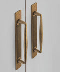Antique Brass Zinc Alloy Cabinet Handle With Backplate 5 Inch Hole Center 128mm installed on white cabinet doors, front view