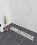 Brushed Stainless Steel 18 Inch Linear Shower Drain With 2 Inch Outlet in modern bathroom setting