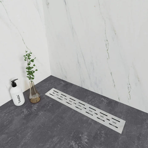 Brushed Stainless Steel 18 Inch Linear Shower Drain With 2 Inch Outlet in modern bathroom setting