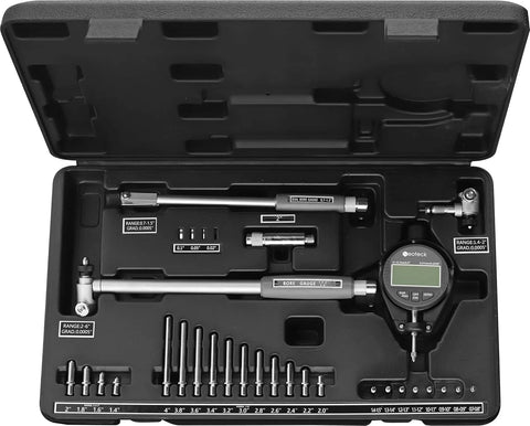 Neoteck digital dial bore gauge set in hard case with 23 anvils; 0.7-6 in measuring range, 6 in depth.