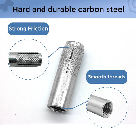 Heavy Duty 12 Pack Knurled Drop In Anchors for Solid Concrete Three Eighths Inch Sixteen Thread Carbon Steel Internal Forced Expansion Bolts with Silver Zinc Coat Ferrtitan Ideal For Contractors