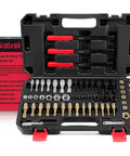 Front view of Kolvoii 61-piece thread restorer kit in case; taps, dies and red-handled chasers for UNC/UNF/metric threads