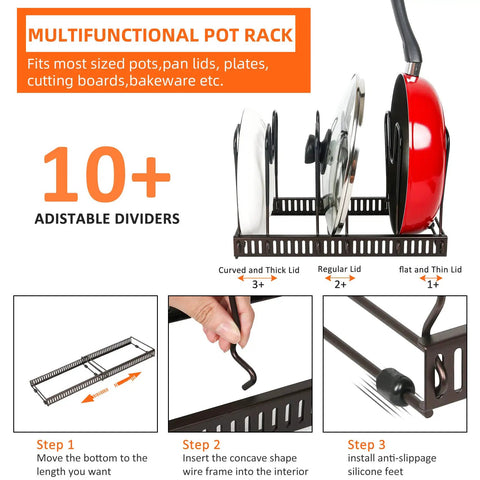 Level Up Your Kitchen Setup With This Expandable Under Cabinet Pot And Pan Lid Organizer Rack Crafted From Solid Iron With Soft Rubber Tips For Scratch Free Countertop Storage That Absolutely Flips The Script On Clutter | Multifunctional pot rack with adjustable dividers for pots and lids.