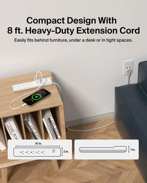 Six Outlet Surge Protector Power Strip With Flat Rotating Plug And Eight Foot Heavy Duty Extension Cord in home setting