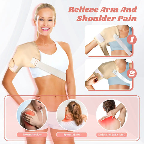 Woman wearing a 12 Piece Castor Oil Pack Kit With Reusable Organic Cotton Wraps for shoulder relief.