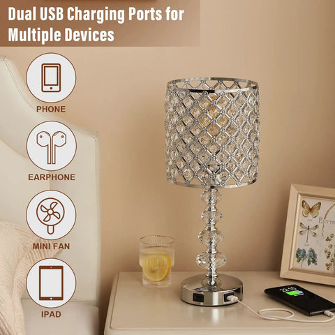 Crystal Bedside Lamp With Touch Control In Silver, 3-Way Dimmable Glam Table Light for nightstand with USB ports