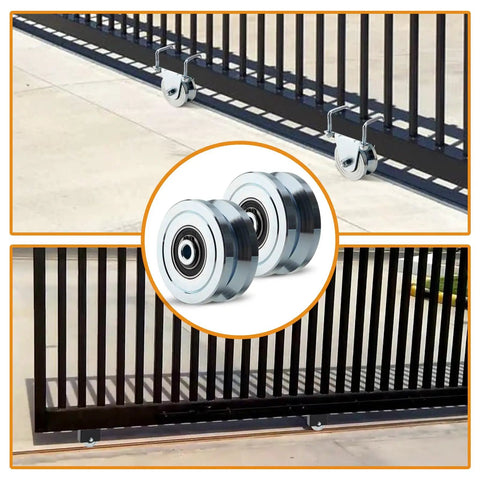 Heavy Duty 4 Inch V Groove Gate Wheels 3000 Lbs Load Capacity Solid Steel Sliding Pivot Caster on a black gate.
