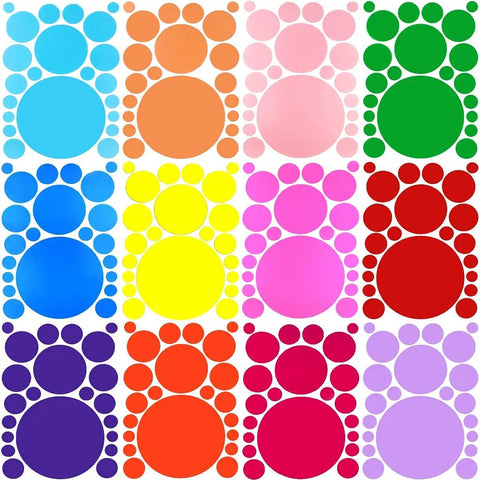 12 bright colors of 264 Piece Polka Dot Wall Decals Set Colorful Vinyl Circle Dots for Walls Perfect for Kids Bedrooms Nurseries Playrooms and Classrooms 7 Sizes Easy Peel And Stick Stickers