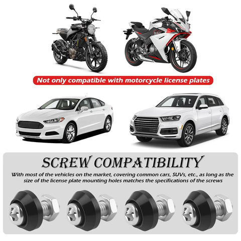 4Pcs Motorcycle License Plate Screw Kit With Sturdy Bolts for car and bike compatibility display, featuring sedan, SUV, and motorcycles